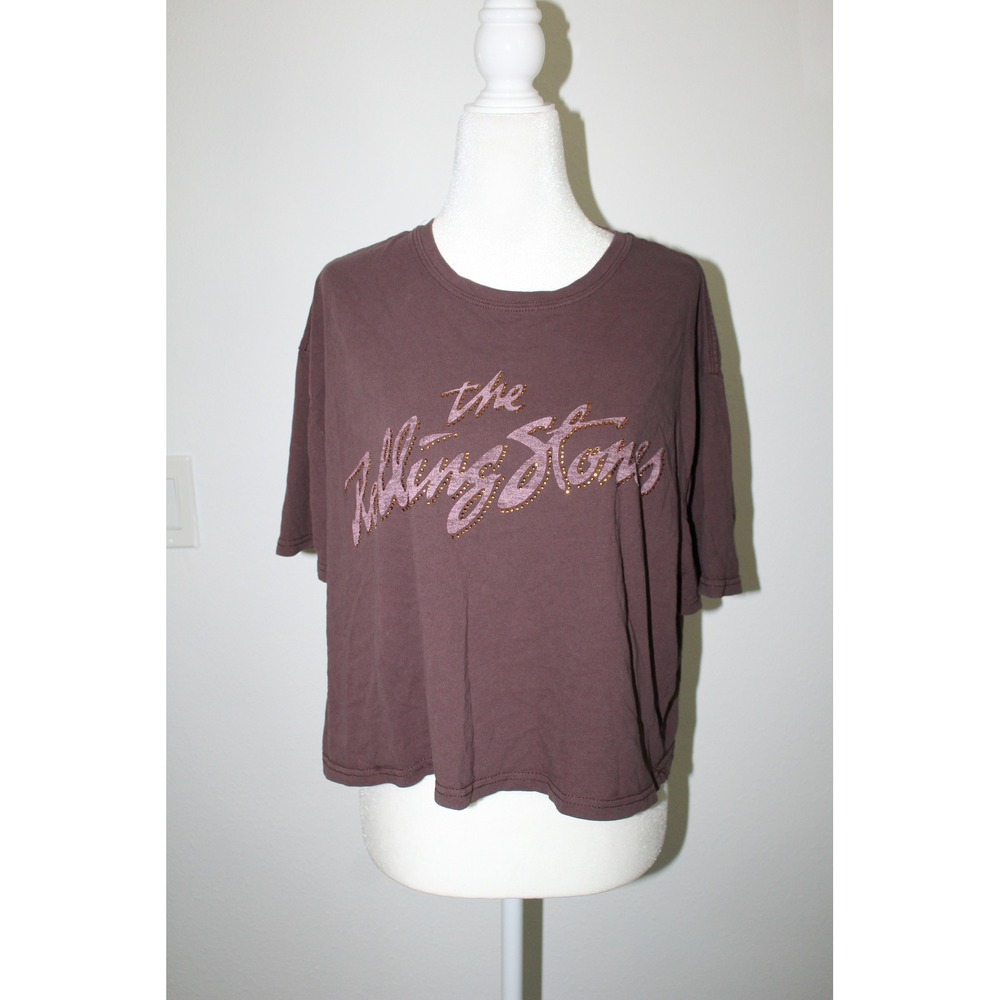 The Rolling Stones Brown Cropped Hem Graphic T-Shirt Rhinestone Glitter Logo